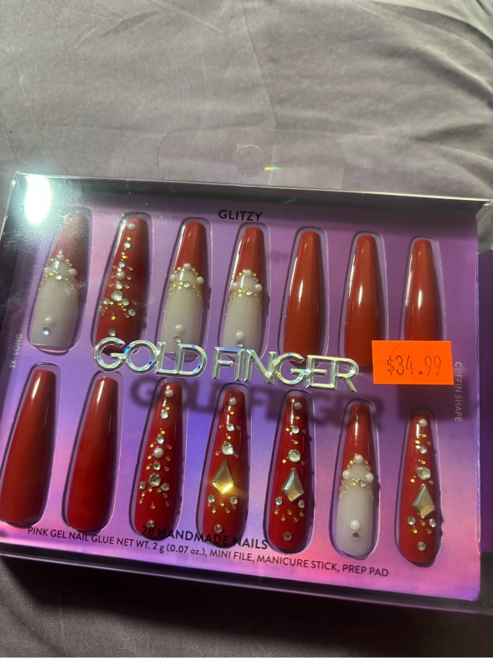 Glitzy Red & Cream Crystal Stiletto Press-On Nails